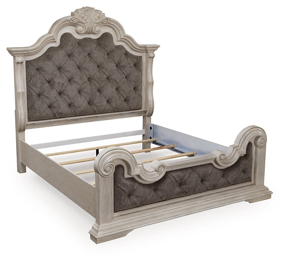 Bruchandi King Upholstered Panel Bed with Mirrored Dresser and Nightstand